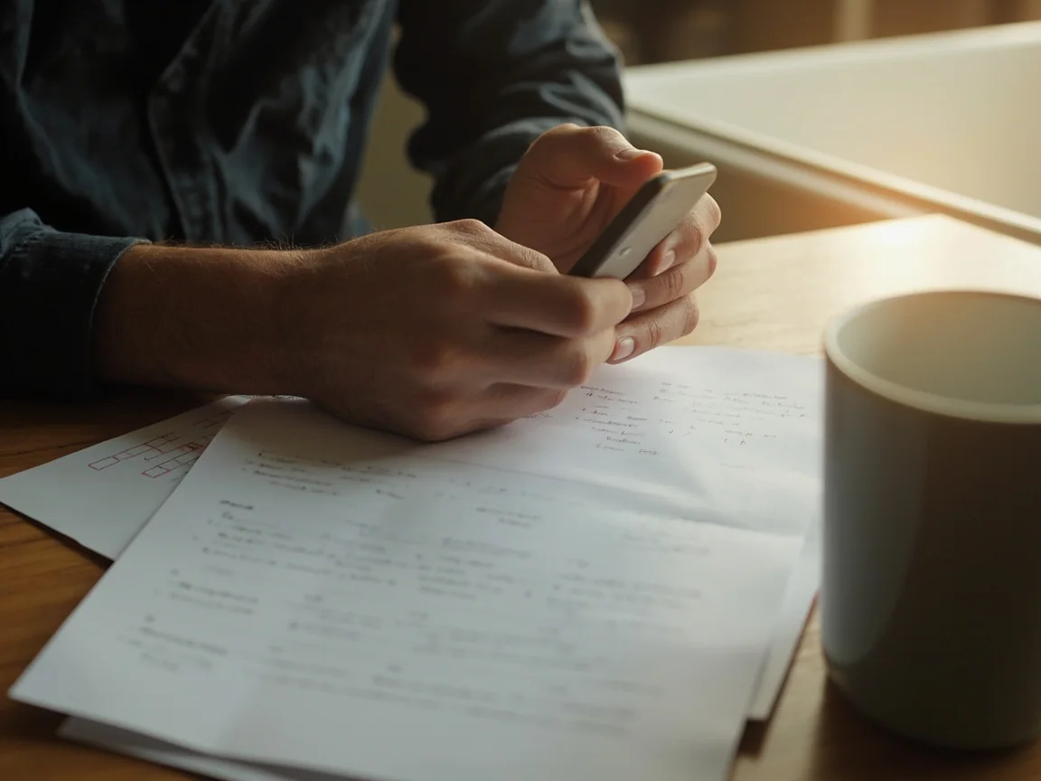 An adult user reviewing a phone beside a notebook and blank privacy checklist