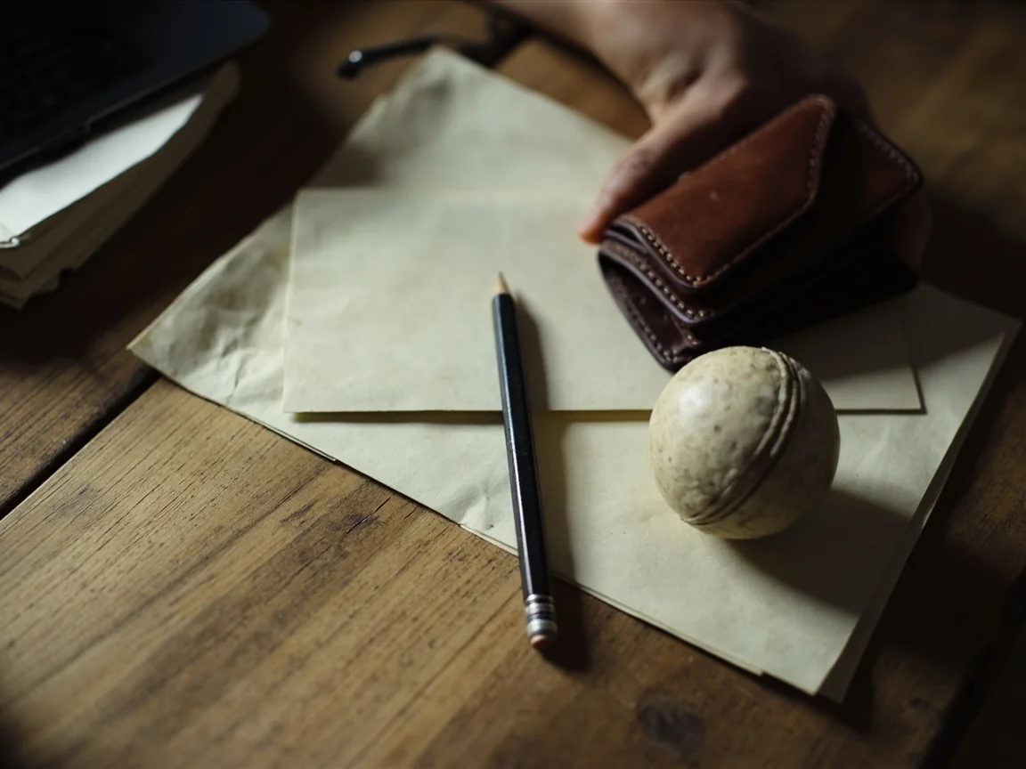 A modest closed wallet, blank budget envelope, pencil and cricket ball on a real desk