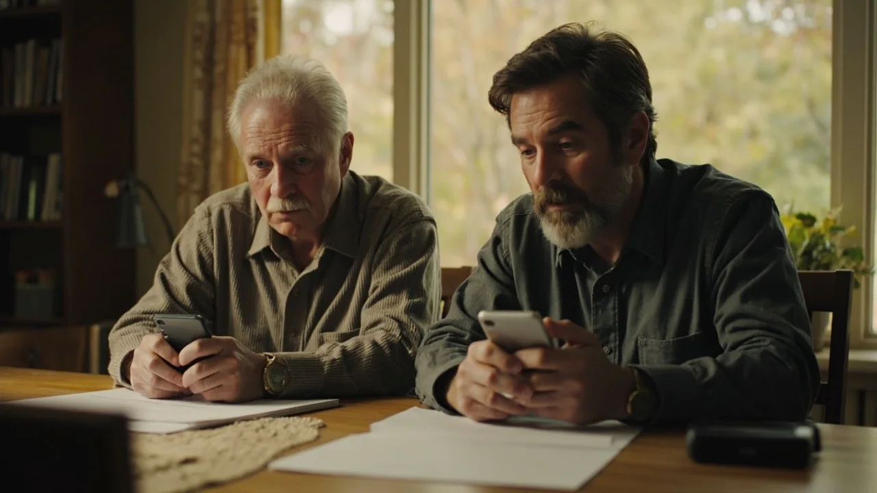 Two adults reviewing blank terms together at a dining table, phone set aside