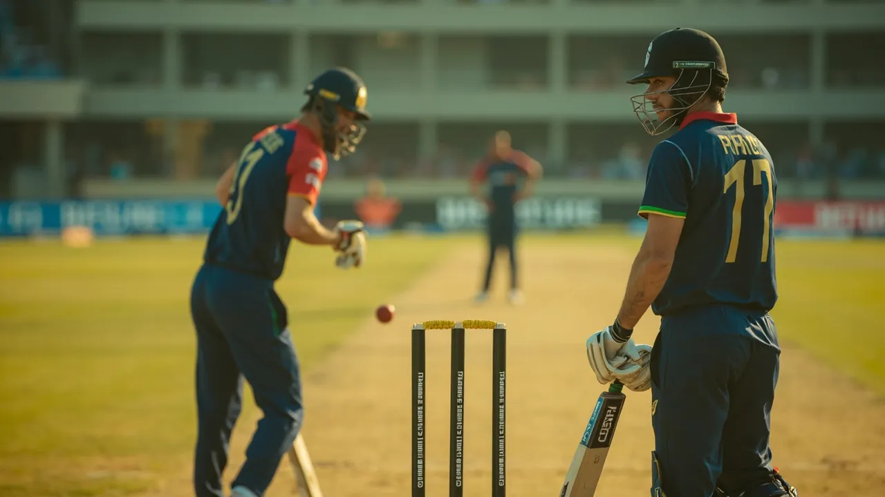 A fielding captain and wicketkeeper in mid-discussion behind the stumps during an IPL fixture, with a fielder setting position in the middle distance
