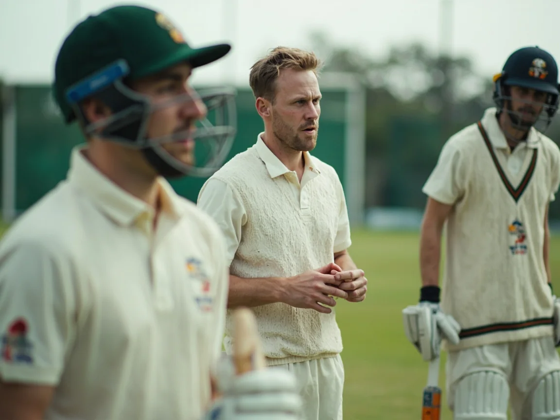 A balanced XI of an unbranded batter, bowler and wicketkeeper gathered during a training break