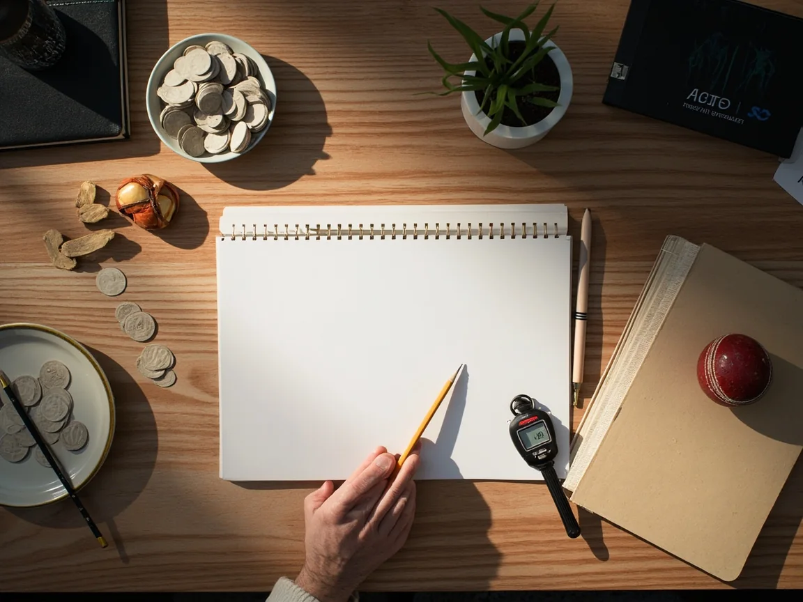 A cricket selection workspace with blank player tokens, pencil, notebook and cricket ball