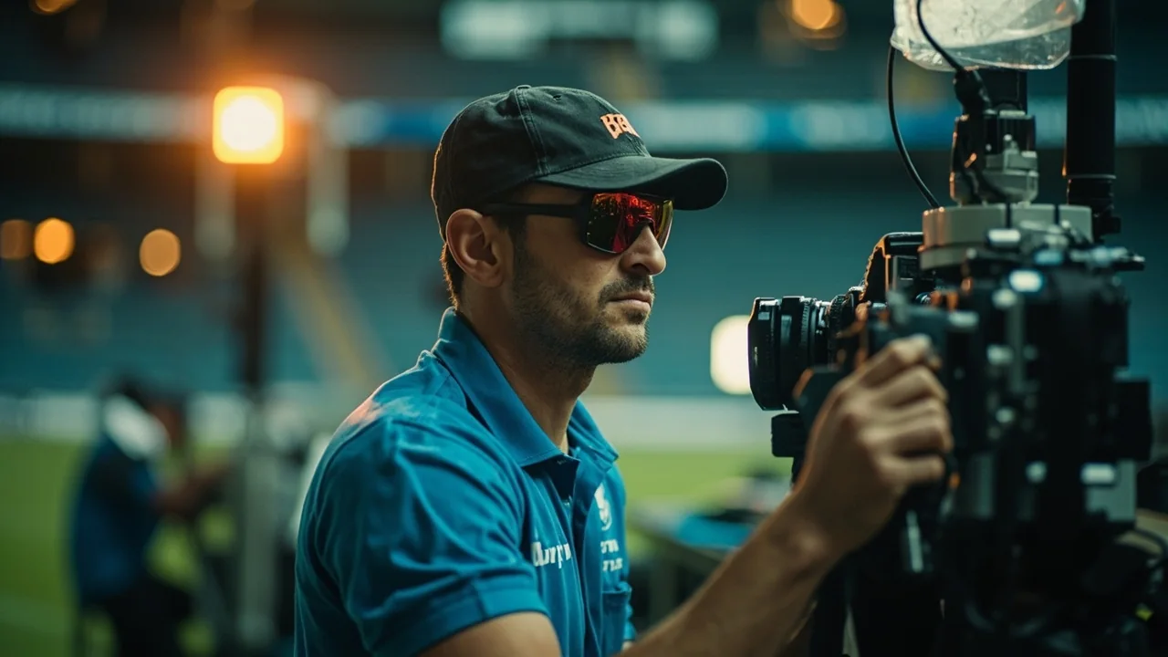 A lesser-known cricketer running through a sprint drill on a quiet practice strip while the main squad trains in the background, focus on the runner's footwork and the open net ahead