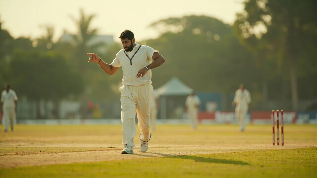 A lesser-known unbranded cricketer practicing alone on a side wicket as the main squad trains in the distance