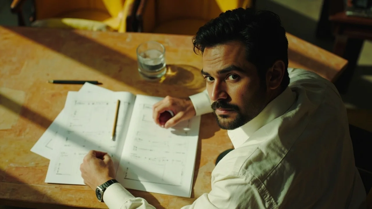 A Fantoss editor reviews blank tactical cards and match notes at a sandstone desk