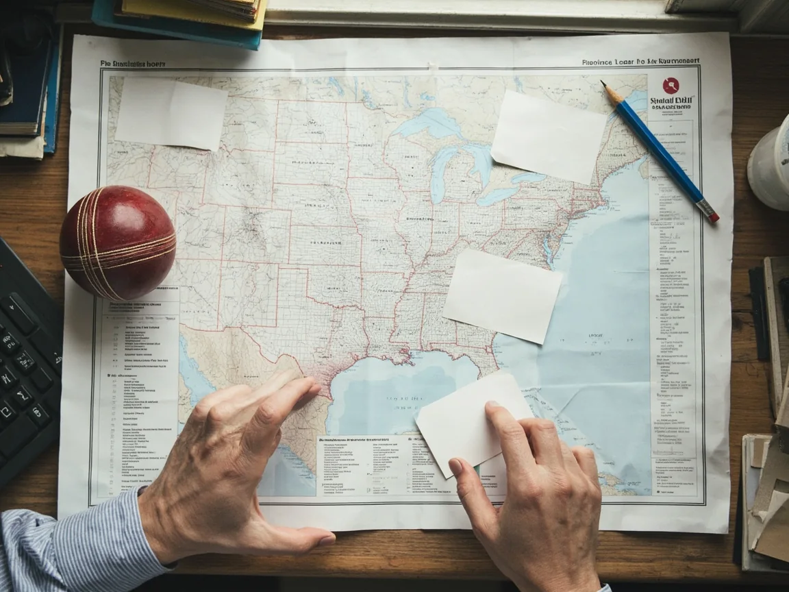 A neutral paper map without labels, blank jurisdiction cards and pencil on a real desk