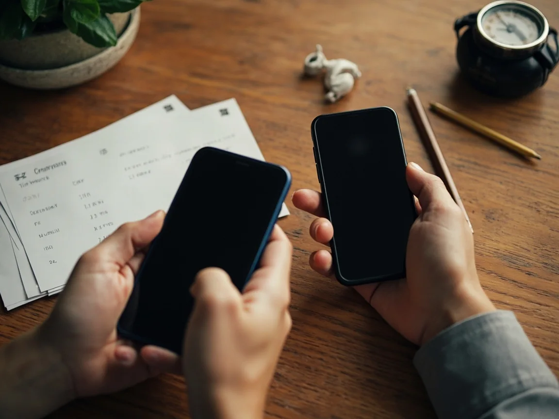 Two smartphones with screens dark, blank comparison cards, pencil and timer on a real wood desk