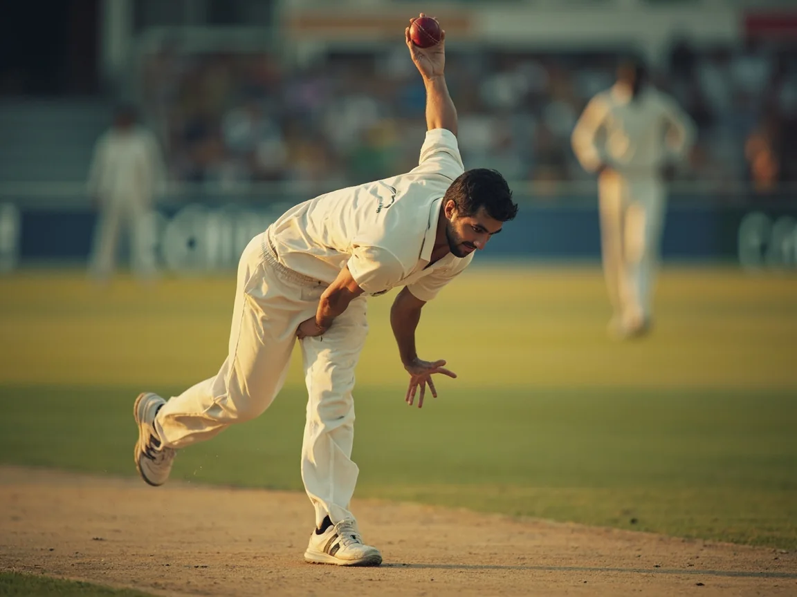 An unbranded spin bowler releasing the ball as a batter prepares