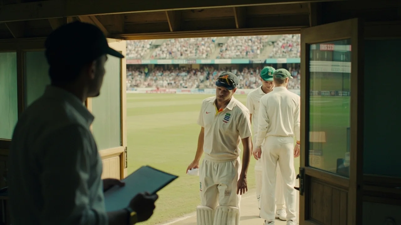 A cricket team emerging from a pavilion for warmups while a journalist observes with a blank notebook