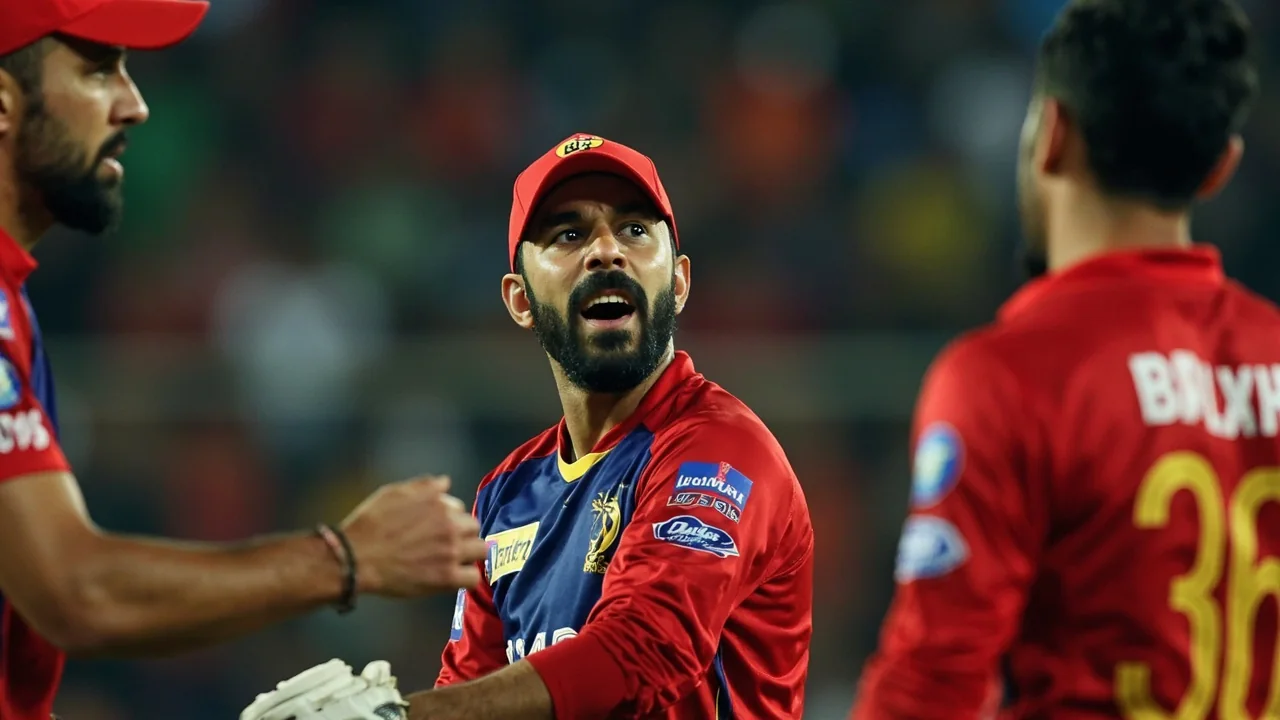 A fielding captain and wicketkeeper in mid-discussion behind the stumps during an IPL fixture, with a fielder setting position in the middle distance and the captain mid-gesture
