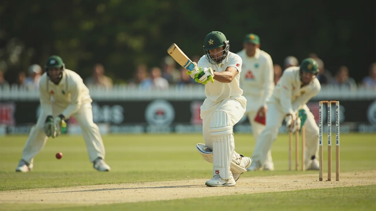 A batter plays a late cut to third man, the ball travelling past close fielders