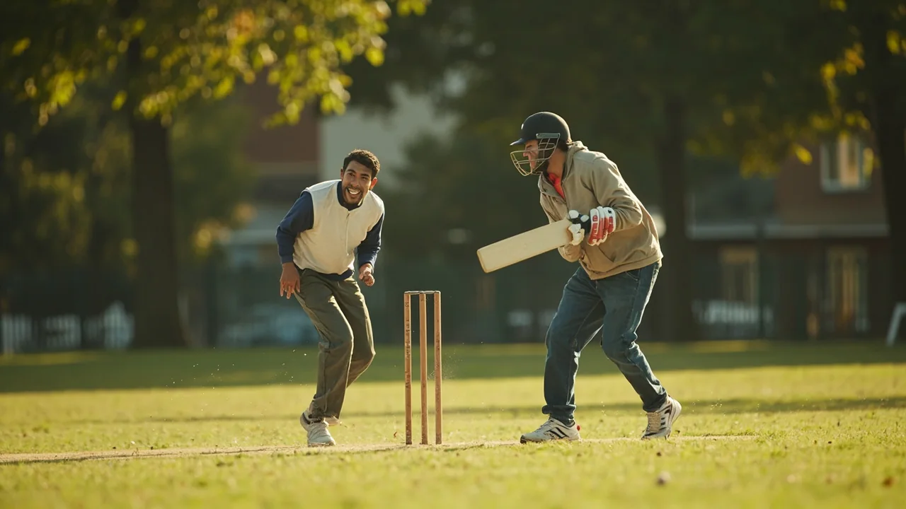 Adult friends playing casual cricket in a real neighborhood park