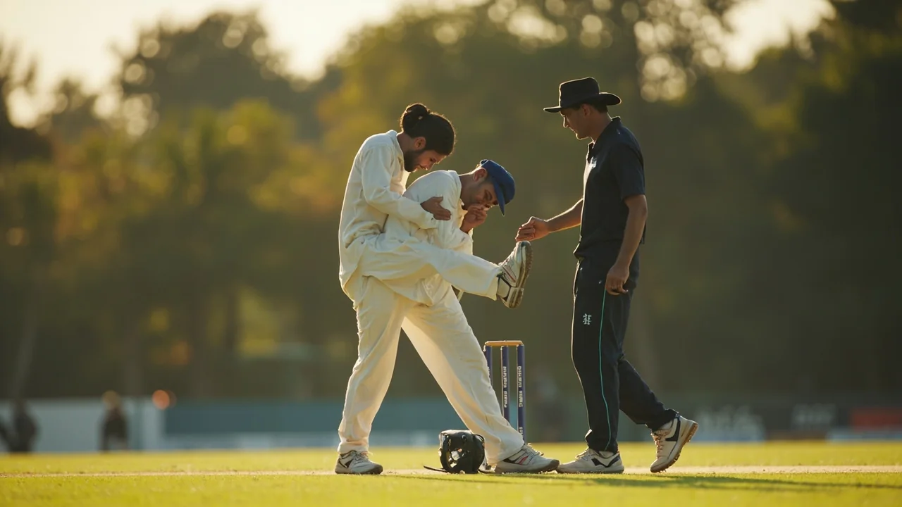 An unbranded fast bowler stretching with a physiotherapist at the edge of training