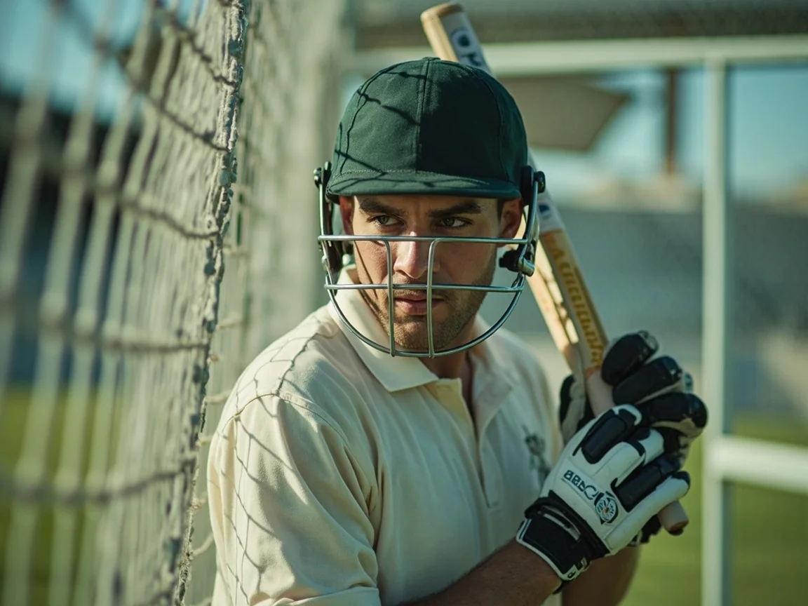 An unbranded opener walks out to bat with a measured stride, bat resting on the shoulder